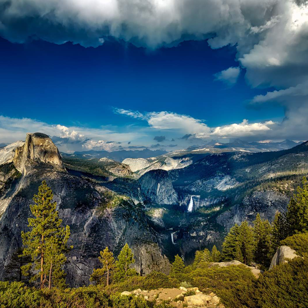 Trees and rocks with mountains and valleys in the distance